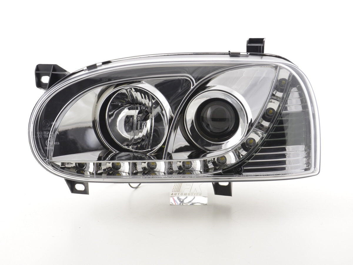 Scheinwerfer Set Daylight LED TFL-Optik VW Golf 3 Typ 1HXO 1EXO 91-97 chrom Scheinwerfer Set Daylight LED TFL-Optik VW Golf 3 Typ 1HXO 1EXO 91-97 chrom